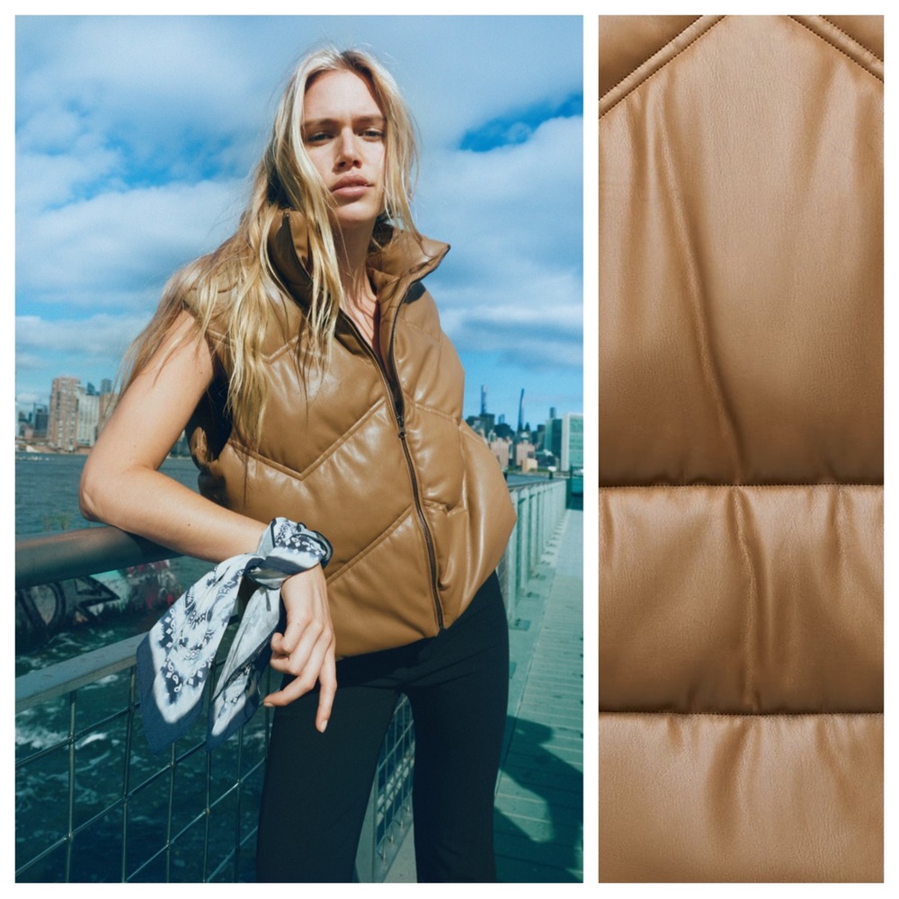 NWT. Zara Caramel Faux Leather Waistcoat Vest with High Neck. Large, ptp 24 in.